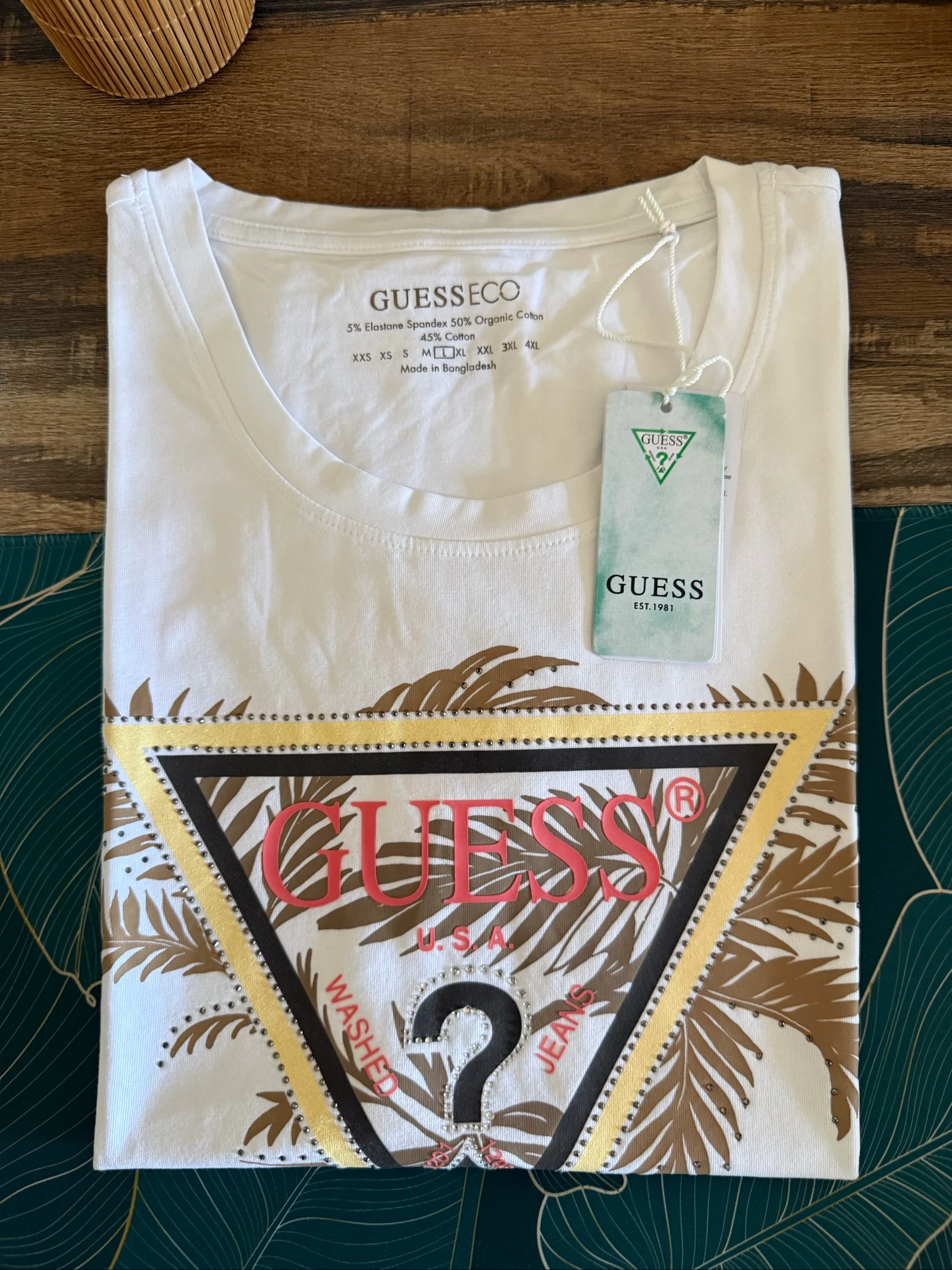 Camiseta Guess mujer L nueva con etiqueta – Blanco – Logotipo de pedrería motivo tropical – photo 4